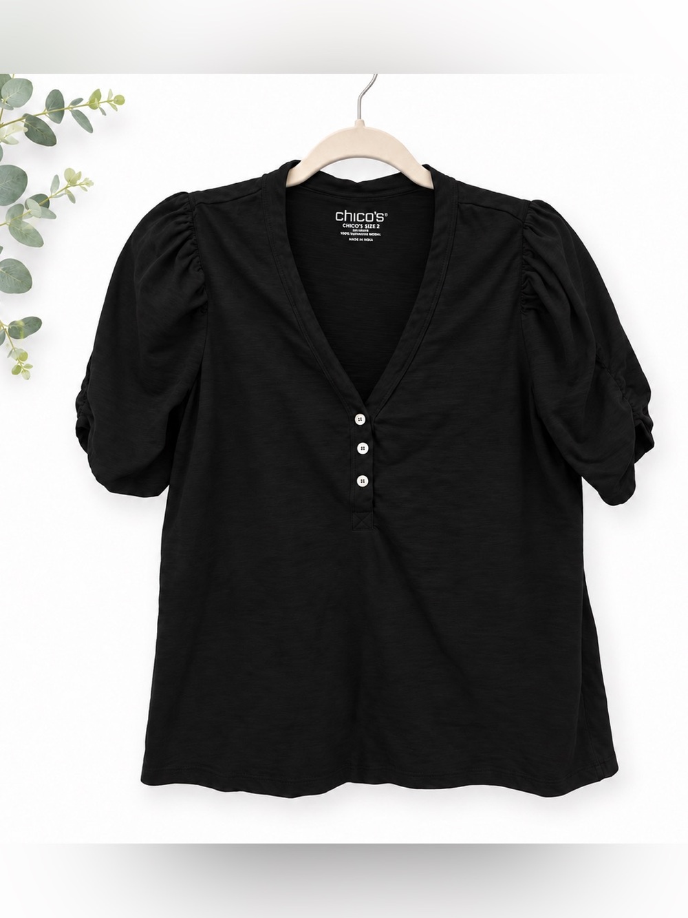Chico's Black V-Neck Puff Sleeve Button Top